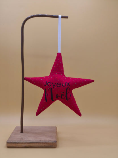 suspension étoile de noël réversible tissu rouge pois doré, flocage Joyeux Noël, décoration artisanale, décoration de sapin, fait main