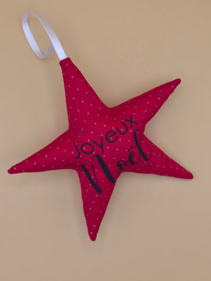 suspension étoile de noël réversible tissu rouge pois doré, flocage Joyeux Noël, décoration artisanale, décoration de sapin, fait main