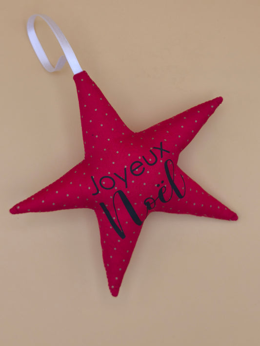 suspension étoile de noël réversible tissu rouge pois doré, flocage Joyeux Noël, décoration artisanale, décoration de sapin, fait main